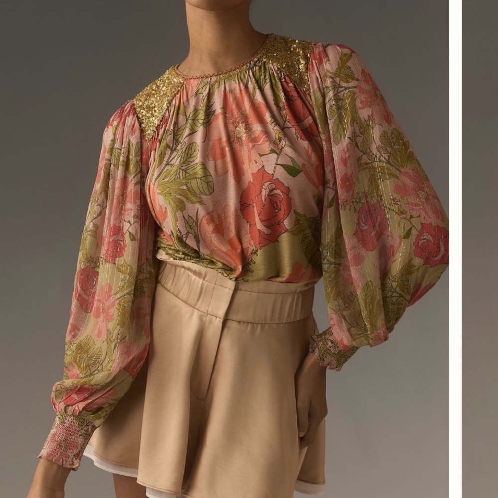 Bl-nk London Floral Chiffon Blouse with Gold Sequin shoulders